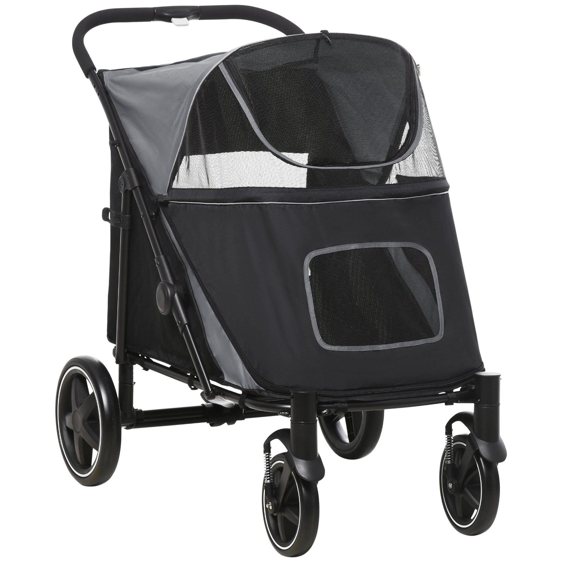 KFX-1579325 Dog Stroller for Medium to Large Pets, Foldable, Shock Absorbing with Storage Pockets, Safety Features, Gray
