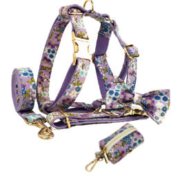 KFX-1591357 Floral Dog Collar and Leash Set with Bow, Vest, and Poop Bag - Five-Piece Collection