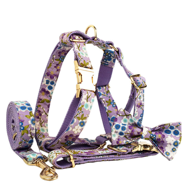 KFX-1591357 Floral Dog Collar and Leash Set with Bow, Vest, and Poop Bag - Five-Piece Collection