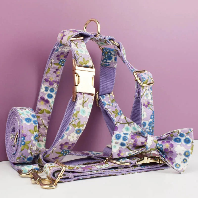KFX-1591357 Floral Dog Collar and Leash Set with Bow, Vest, and Poop Bag - Five-Piece Collection