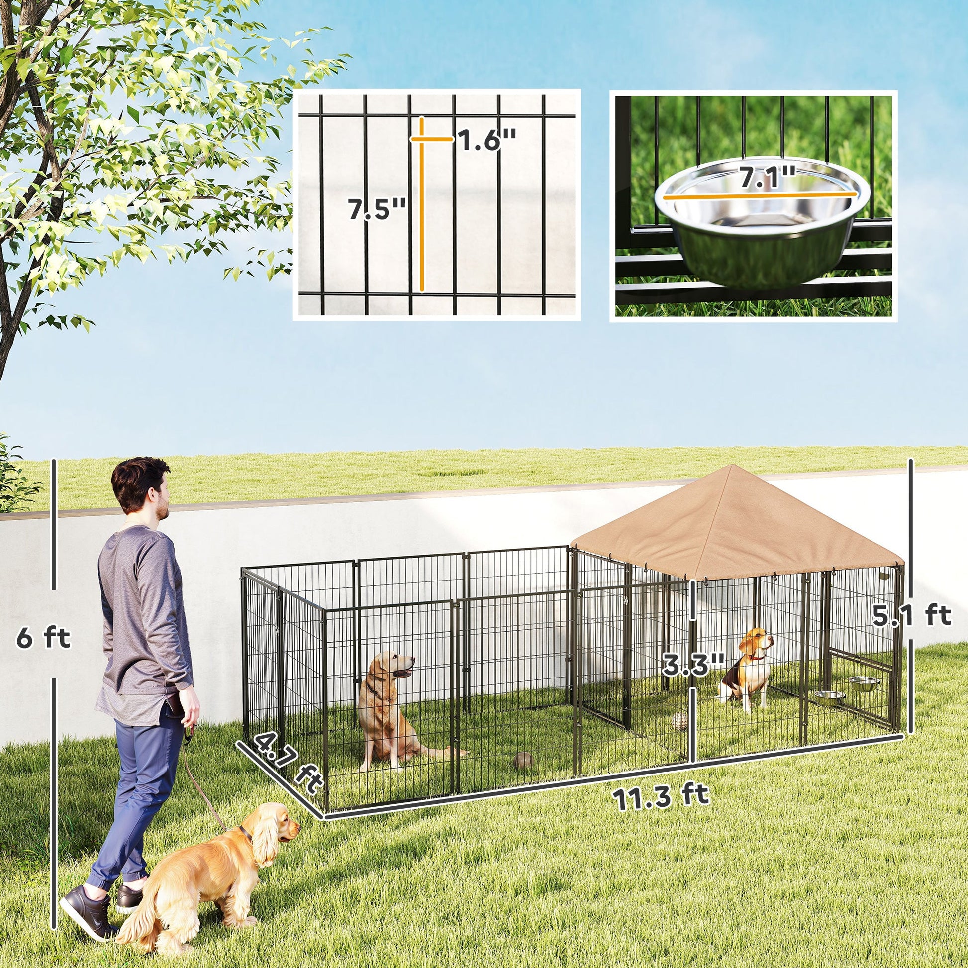 KFX-1593021 Spacious Outdoor Dog Kennel with Adjustable Bowls and UV-Resistant Canopy, 11.3' x 4.7' x 5.1'