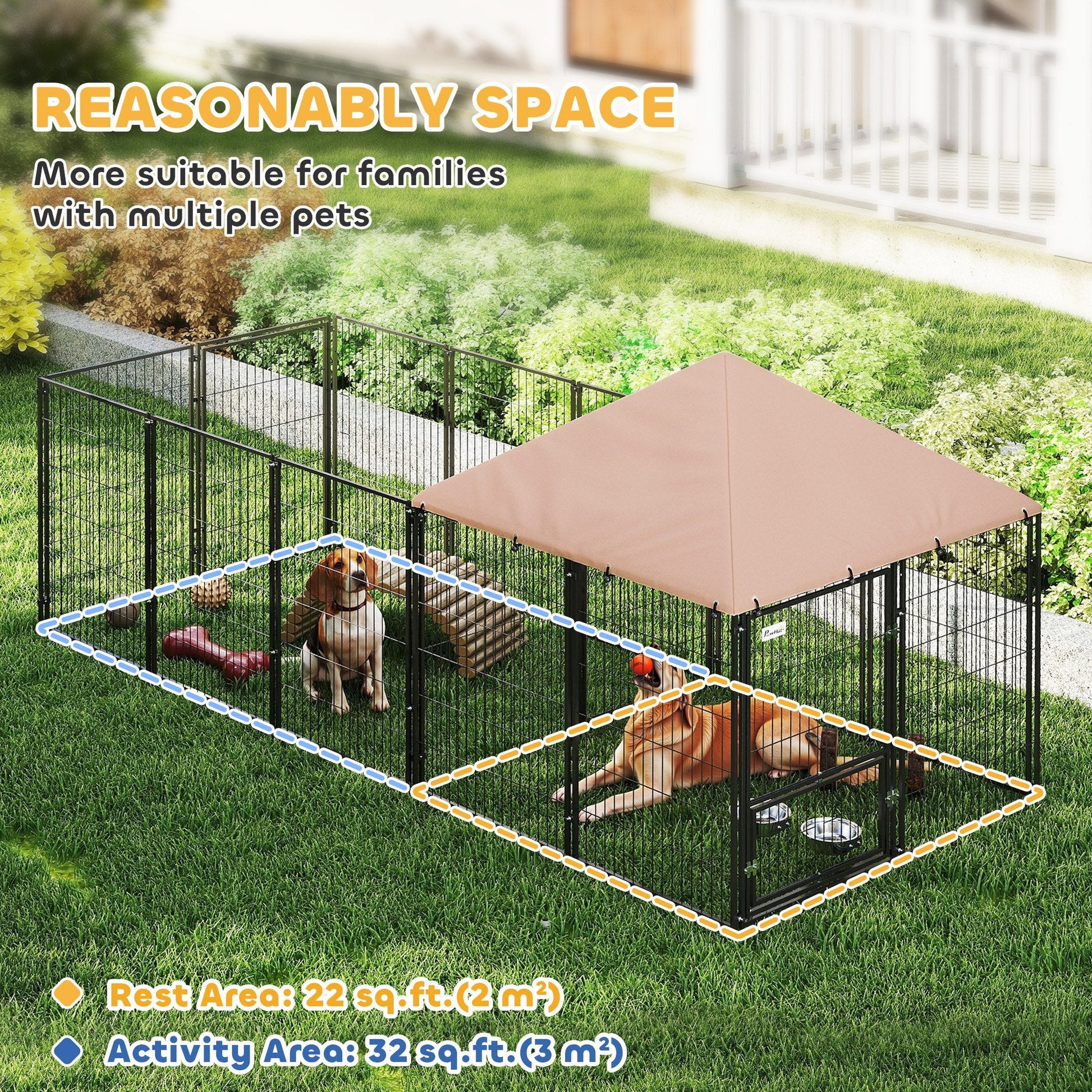 KFX-1593021 Spacious Outdoor Dog Kennel with Adjustable Bowls and UV-Resistant Canopy, 11.3' x 4.7' x 5.1'