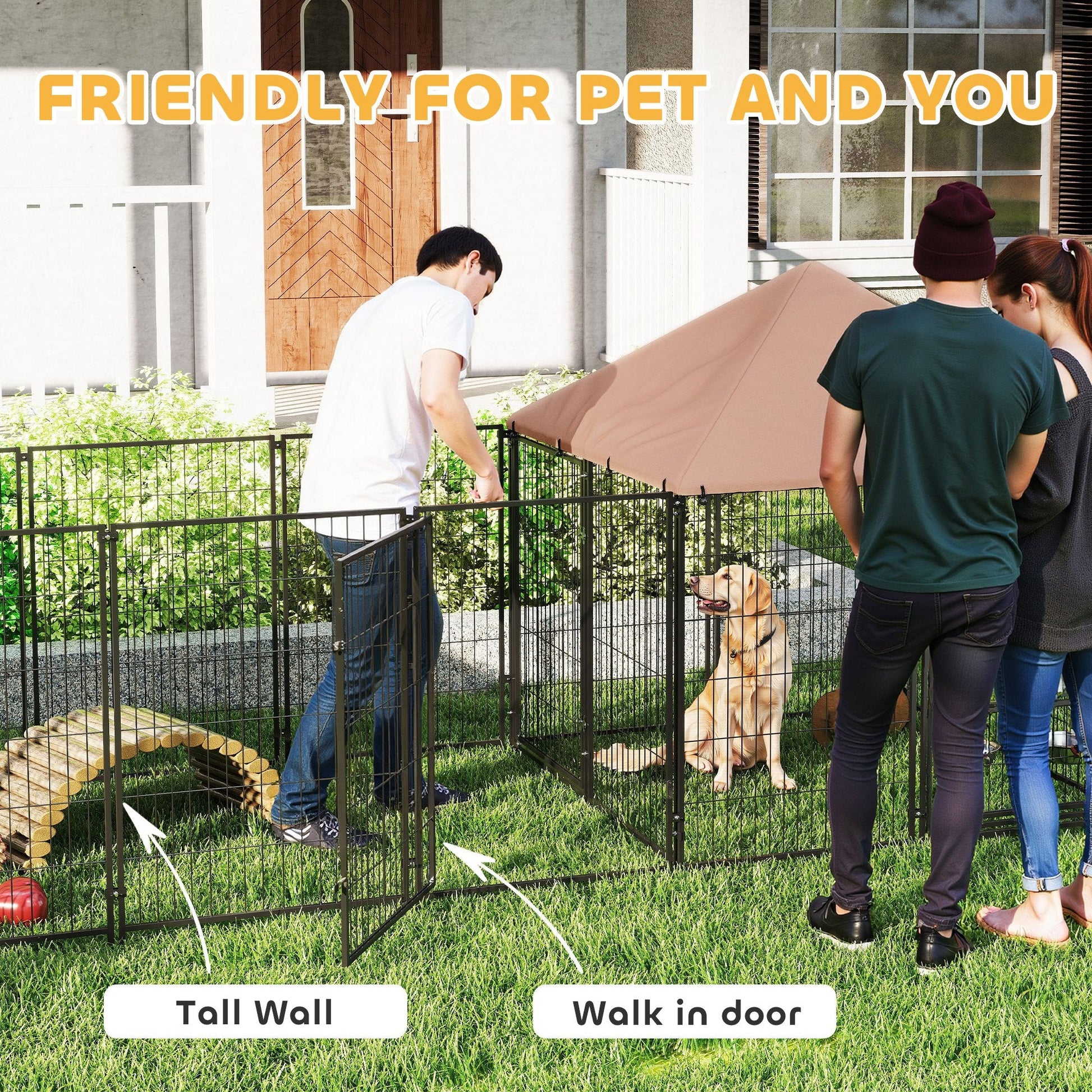 KFX-1593021 Spacious Outdoor Dog Kennel with Adjustable Bowls and UV-Resistant Canopy, 11.3' x 4.7' x 5.1'