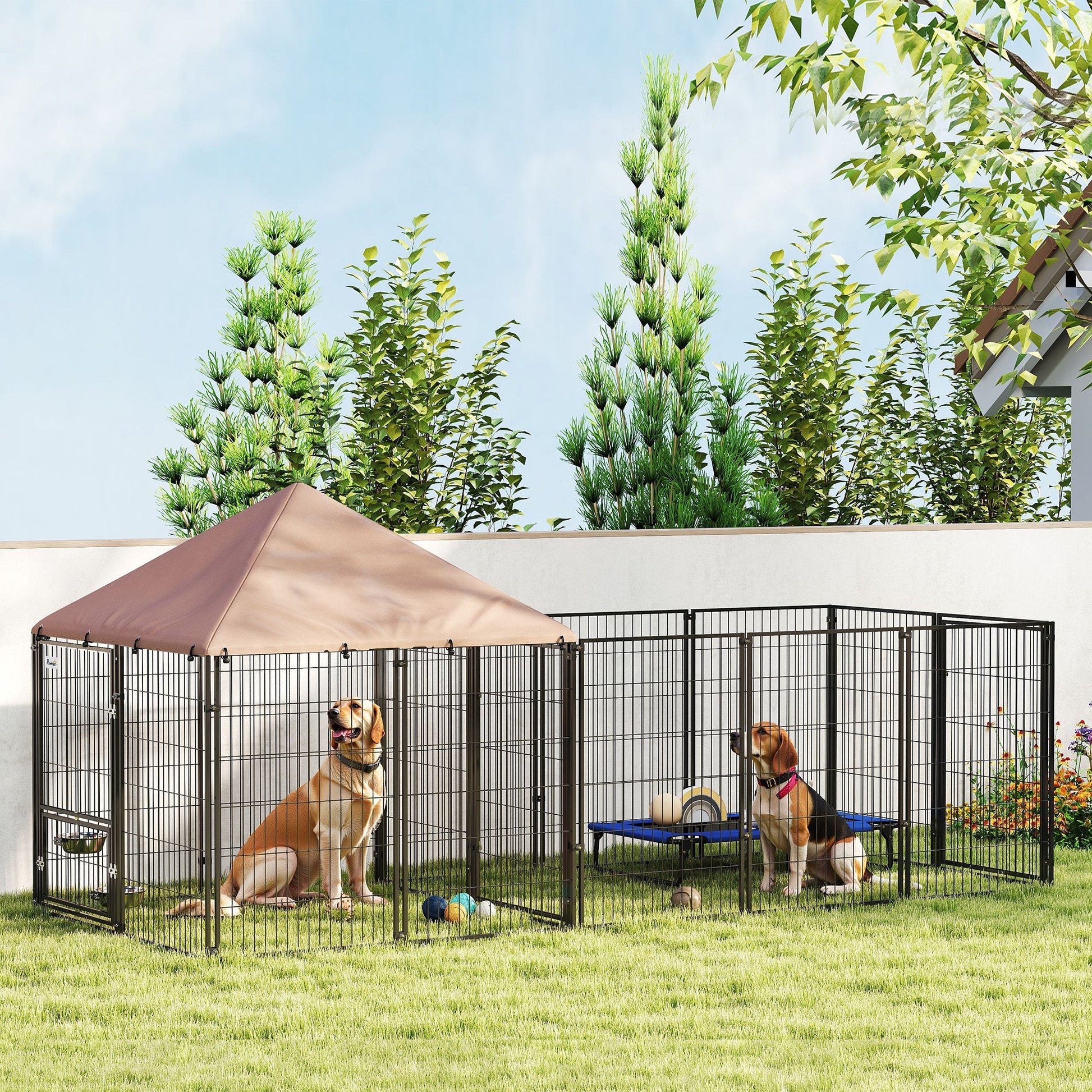 KFX-1593021 Spacious Outdoor Dog Kennel with Adjustable Bowls and UV-Resistant Canopy, 11.3' x 4.7' x 5.1'
