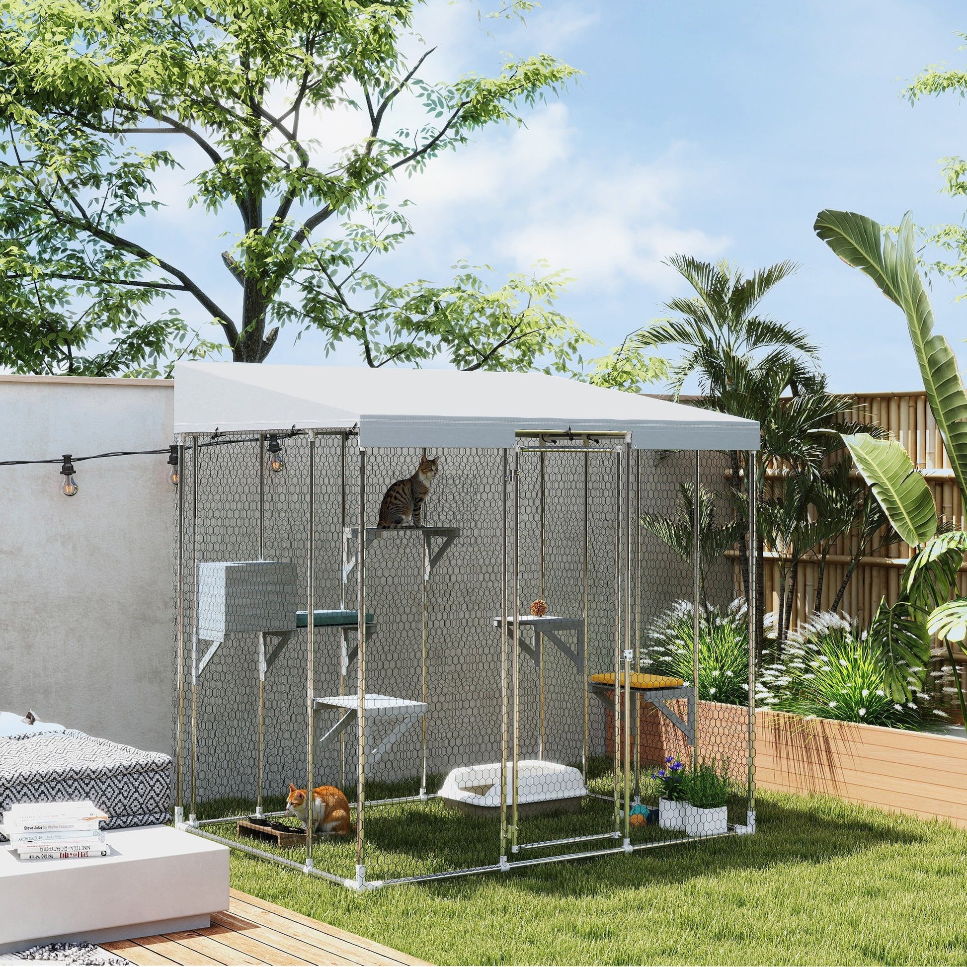 KFX-1595197 Large Outdoor Cat Enclosure with Waterproof Canopy, Sleeping Box & Jumping Platforms for 1-3 Cats, 79" Galvanized Steel