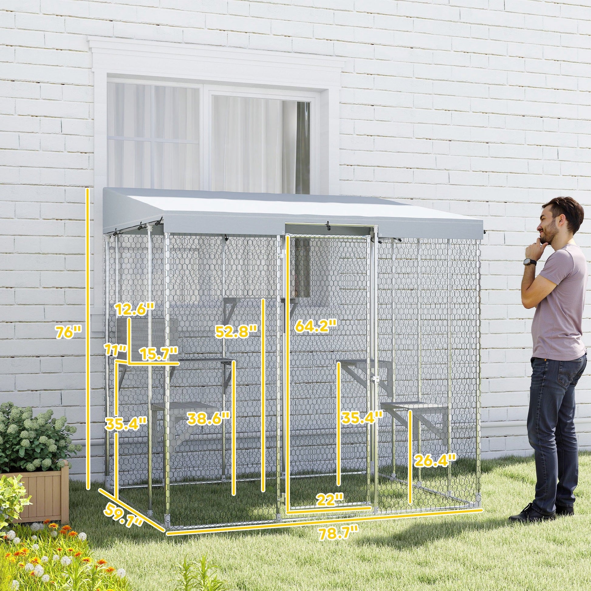 KFX-1595197 Large Outdoor Cat Enclosure with Waterproof Canopy, Sleeping Box & Jumping Platforms for 1-3 Cats, 79" Galvanized Steel