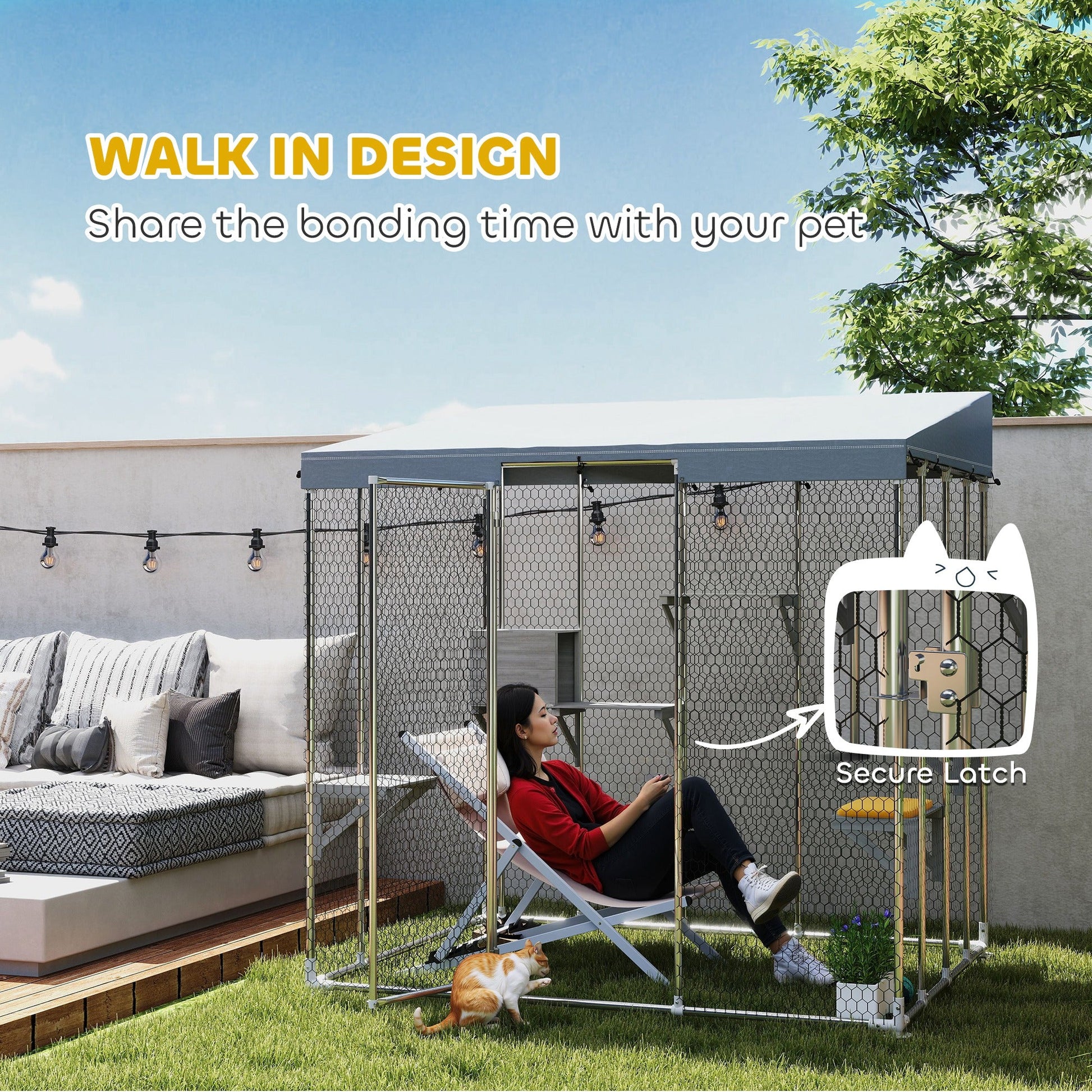 KFX-1595197 Large Outdoor Cat Enclosure with Waterproof Canopy, Sleeping Box & Jumping Platforms for 1-3 Cats, 79" Galvanized Steel