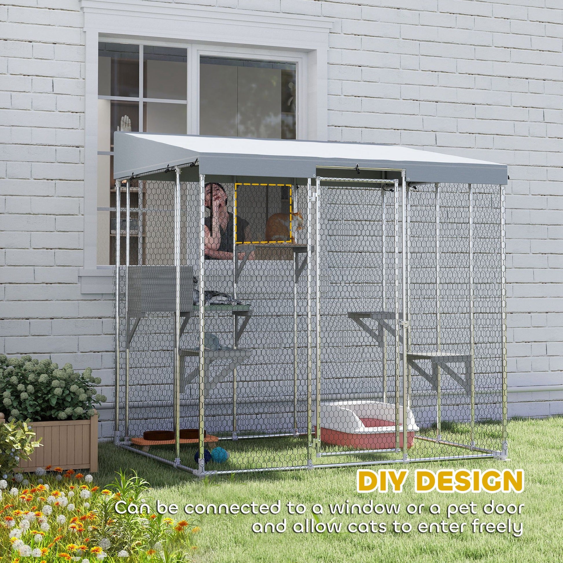 KFX-1595197 Large Outdoor Cat Enclosure with Waterproof Canopy, Sleeping Box & Jumping Platforms for 1-3 Cats, 79" Galvanized Steel