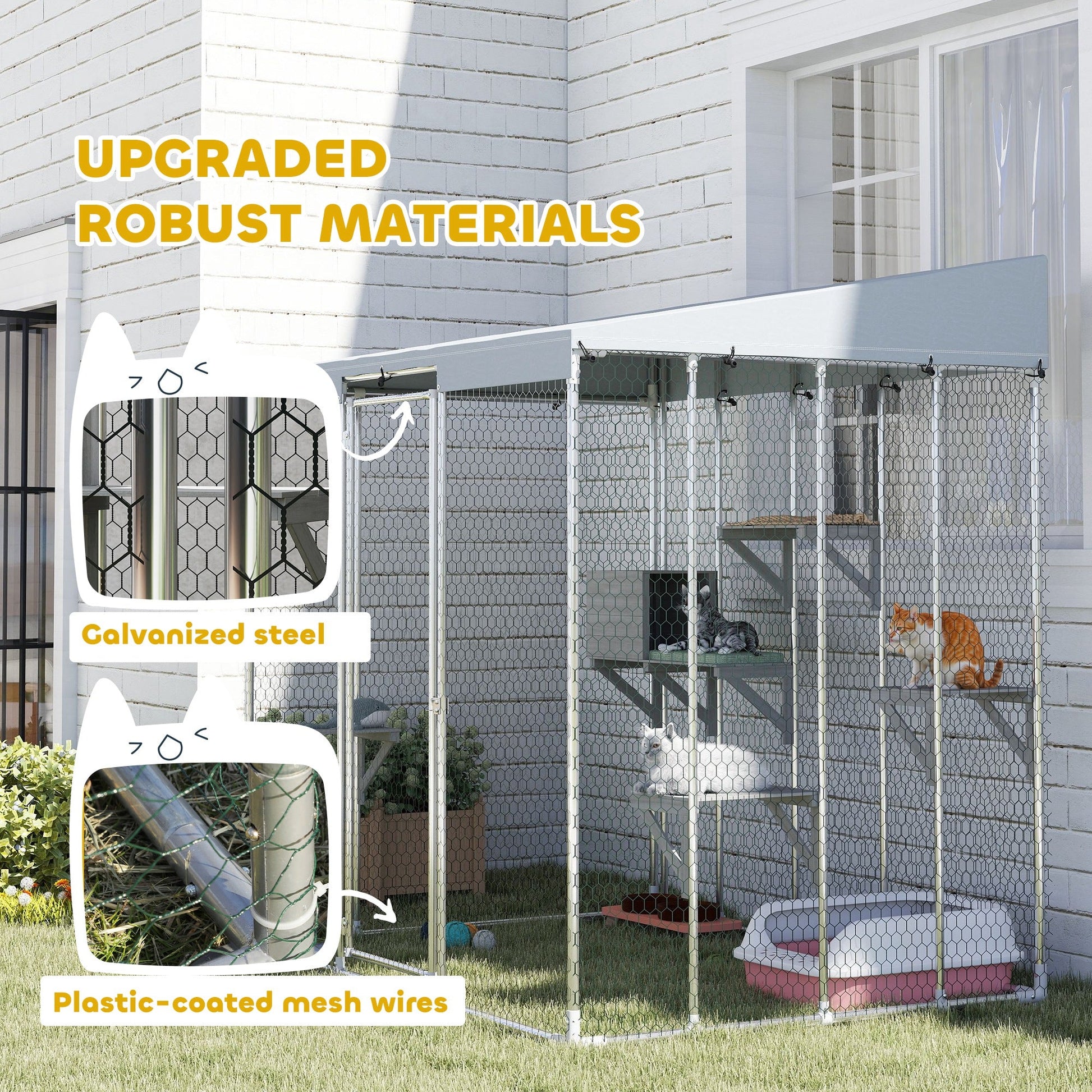 KFX-1595197 Large Outdoor Cat Enclosure with Waterproof Canopy, Sleeping Box & Jumping Platforms for 1-3 Cats, 79" Galvanized Steel