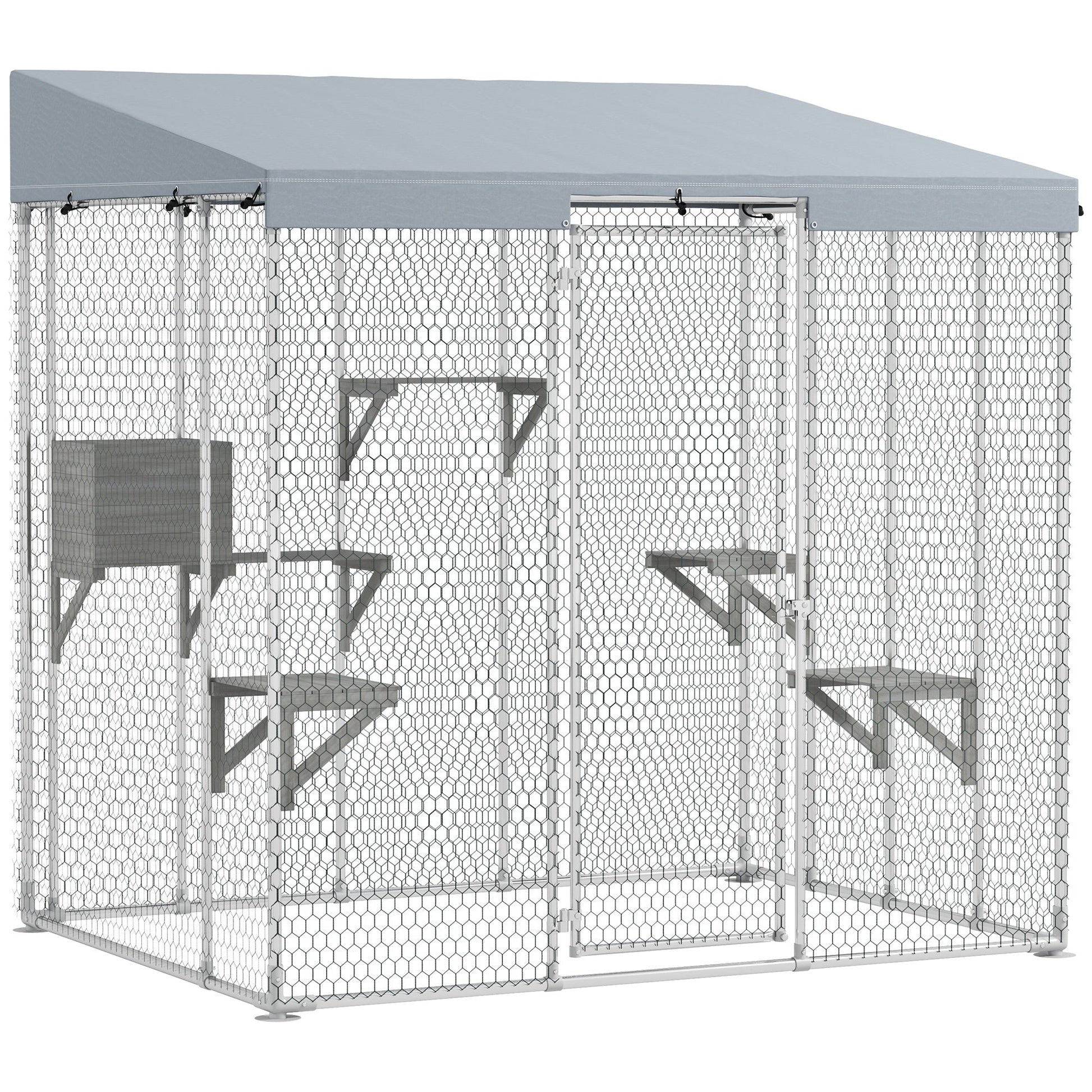 KFX-1595197 Large Outdoor Cat Enclosure with Waterproof Canopy, Sleeping Box & Jumping Platforms for 1-3 Cats, 79" Galvanized Steel