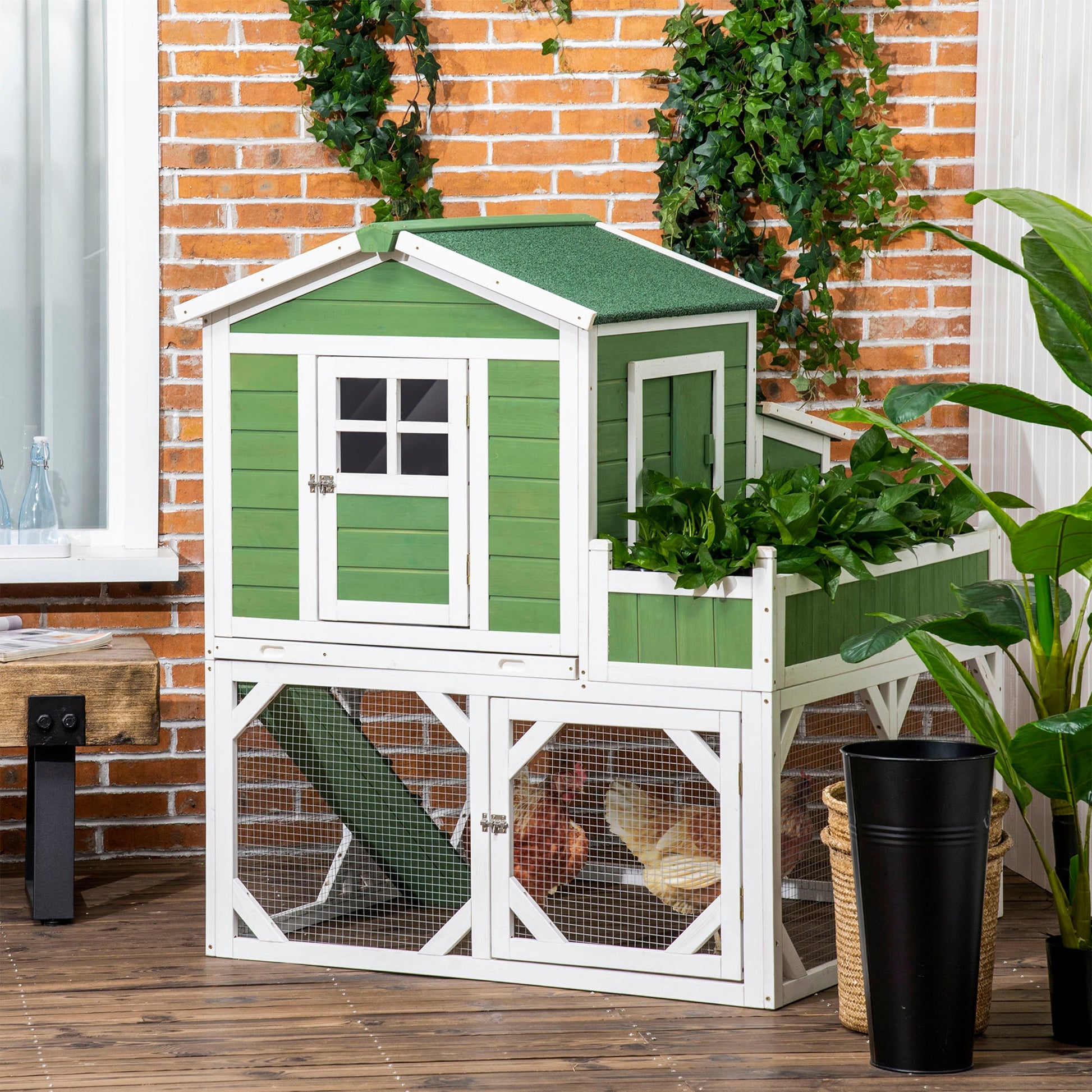 KFX-1598781 49" Small Chicken Coop with Enclosed Run and Garden Space for 2-4 Birds, Green Fir Wood Construction