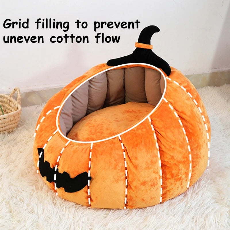KFX-1602365 Cozy Cartoon Pumpkin Pet Bed for Cats and Small Dogs - Soft Plush Nest for Fall and Winter