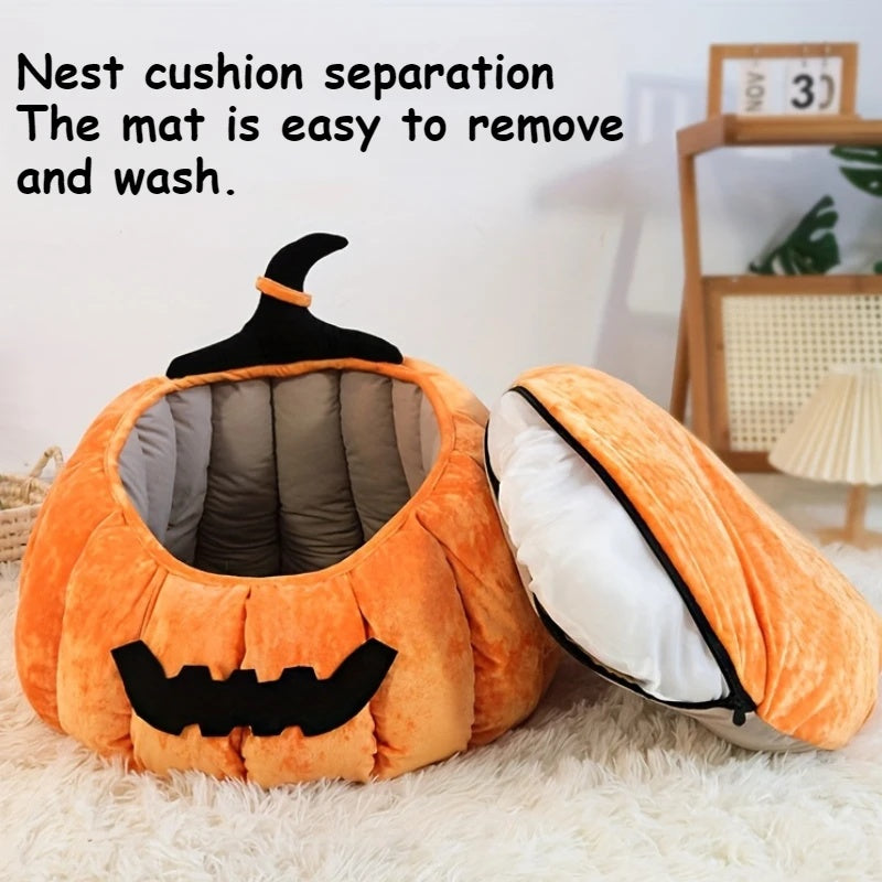 KFX-1602365 Cozy Cartoon Pumpkin Pet Bed for Cats and Small Dogs - Soft Plush Nest for Fall and Winter