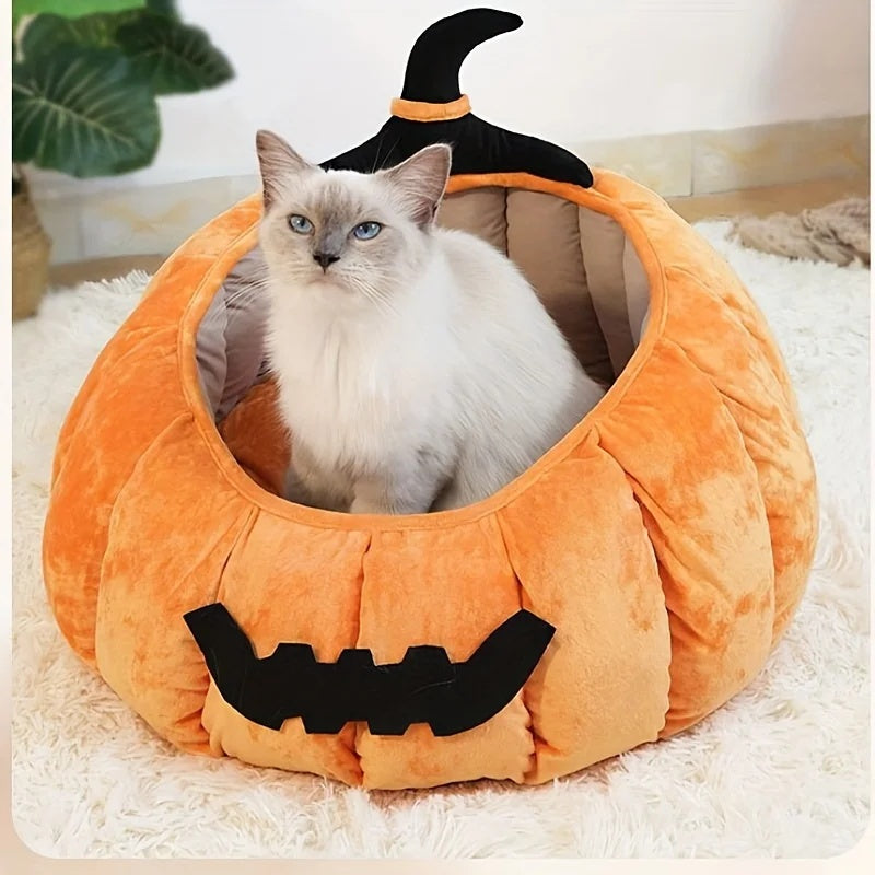 KFX-1602365 Cozy Cartoon Pumpkin Pet Bed for Cats and Small Dogs - Soft Plush Nest for Fall and Winter