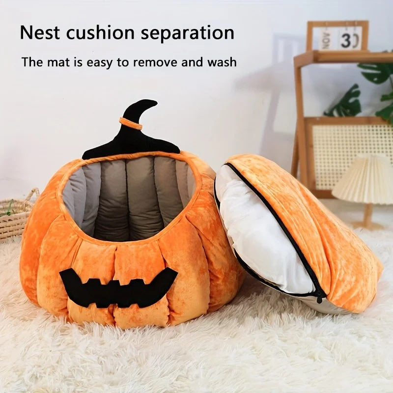 KFX-1602365 Cozy Cartoon Pumpkin Pet Bed for Cats and Small Dogs - Soft Plush Nest for Fall and Winter