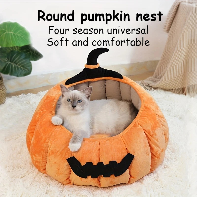 KFX-1602365 Cozy Cartoon Pumpkin Pet Bed for Cats and Small Dogs - Soft Plush Nest for Fall and Winter