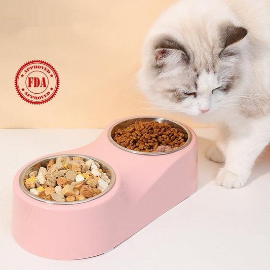 KFX-1612477 Double Bowl Cat Water Bowl in Pink and Gray - ABS Stainless Steel Design