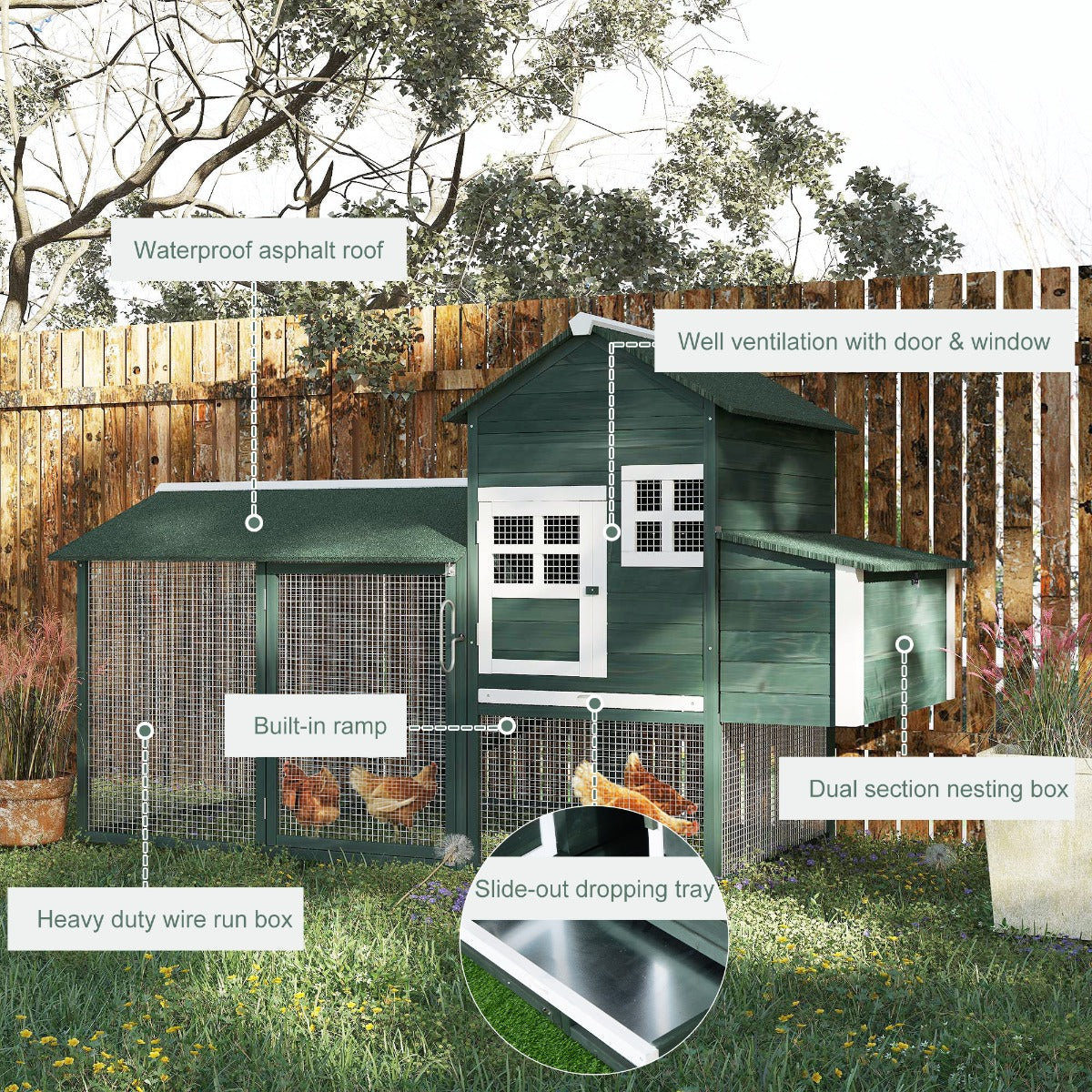 KFX-1625789 Spacious Wooden Chicken Coop with Covered Run and Nesting Box for Outdoor Use