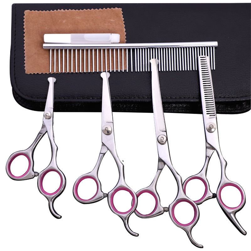 KFX-1625917 Stainless Steel Pet Trimming Shears Set with Accessories - 8 Pieces Including Comb and Leather Case