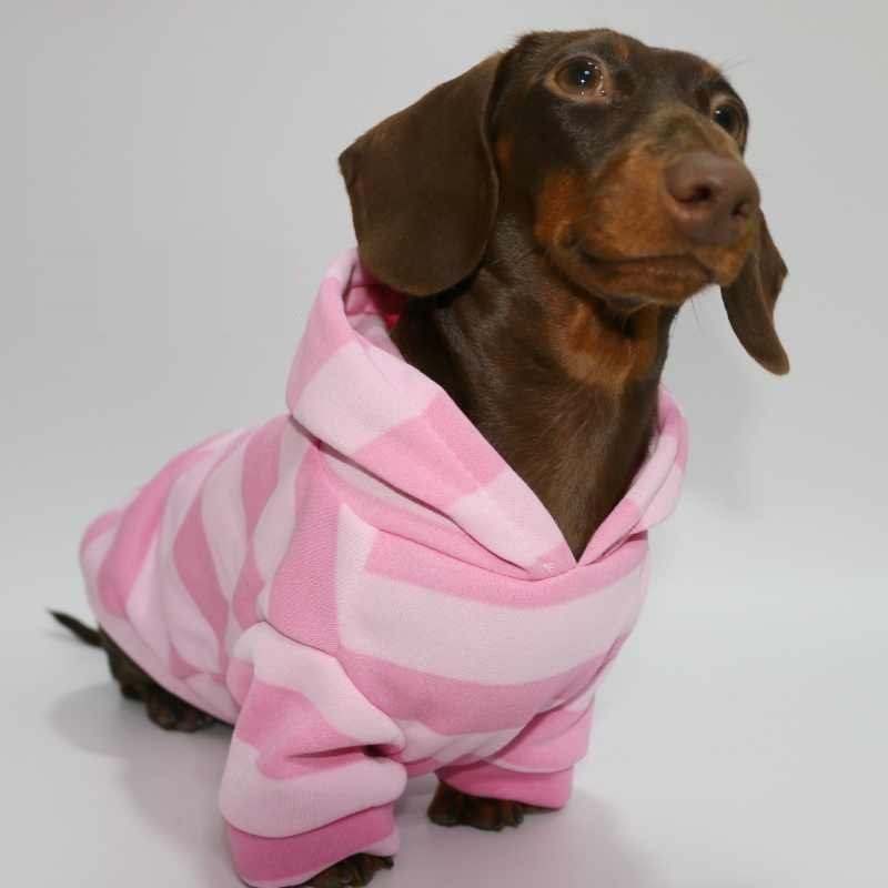 KFX-1626557 Cozy Pink Striped Hooded Sweater for Pets - Autumn and Winter Warmth
