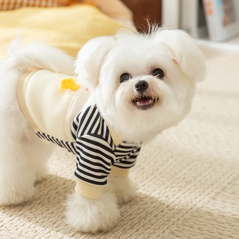 KFX-1626685 Cute Cartoon Dog Hoodie for Small and Medium Pets - Striped Design with Duck Pattern and Plush Details