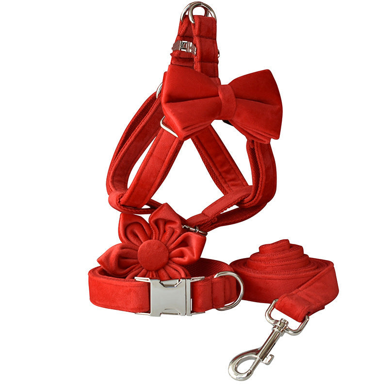 KFX-1627197 Red Flannel Adjustable Dog Harness with Gold Buckle and Matching Leash