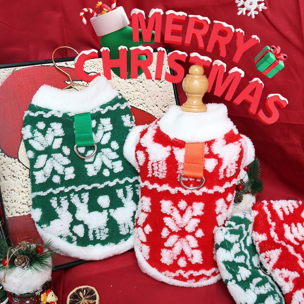 KFX-1633469 Plush Hoodie for Small Dogs and Cats with Traction Rope Buckle for Winter and Holiday Seasons