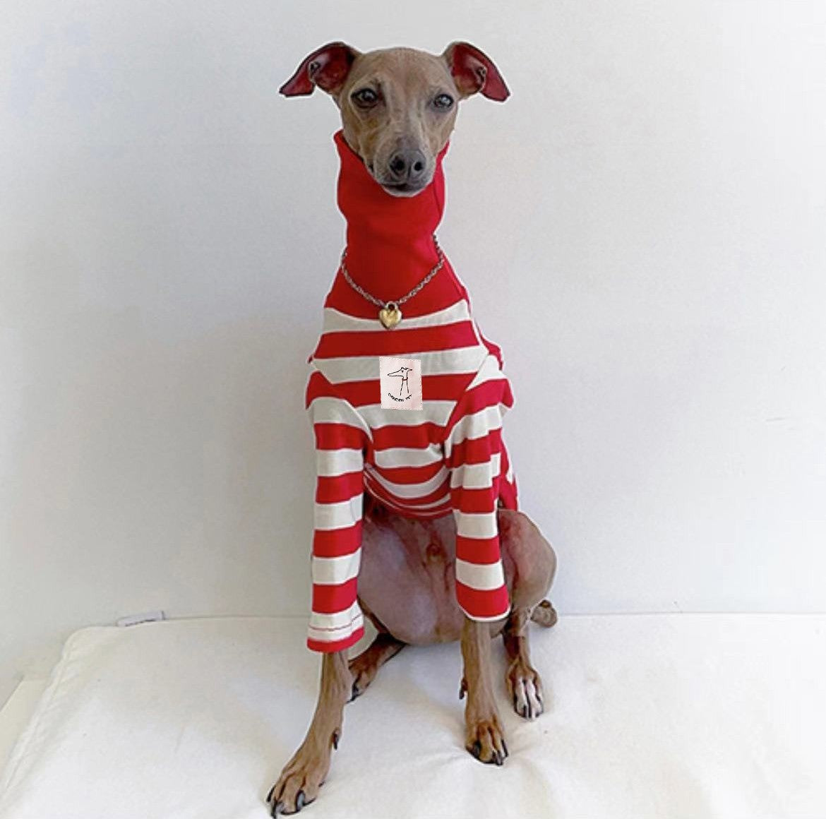 KFX-1639997 High Collar Striped Red and Black Cotton Stretch Dog Outfit for All Seasons