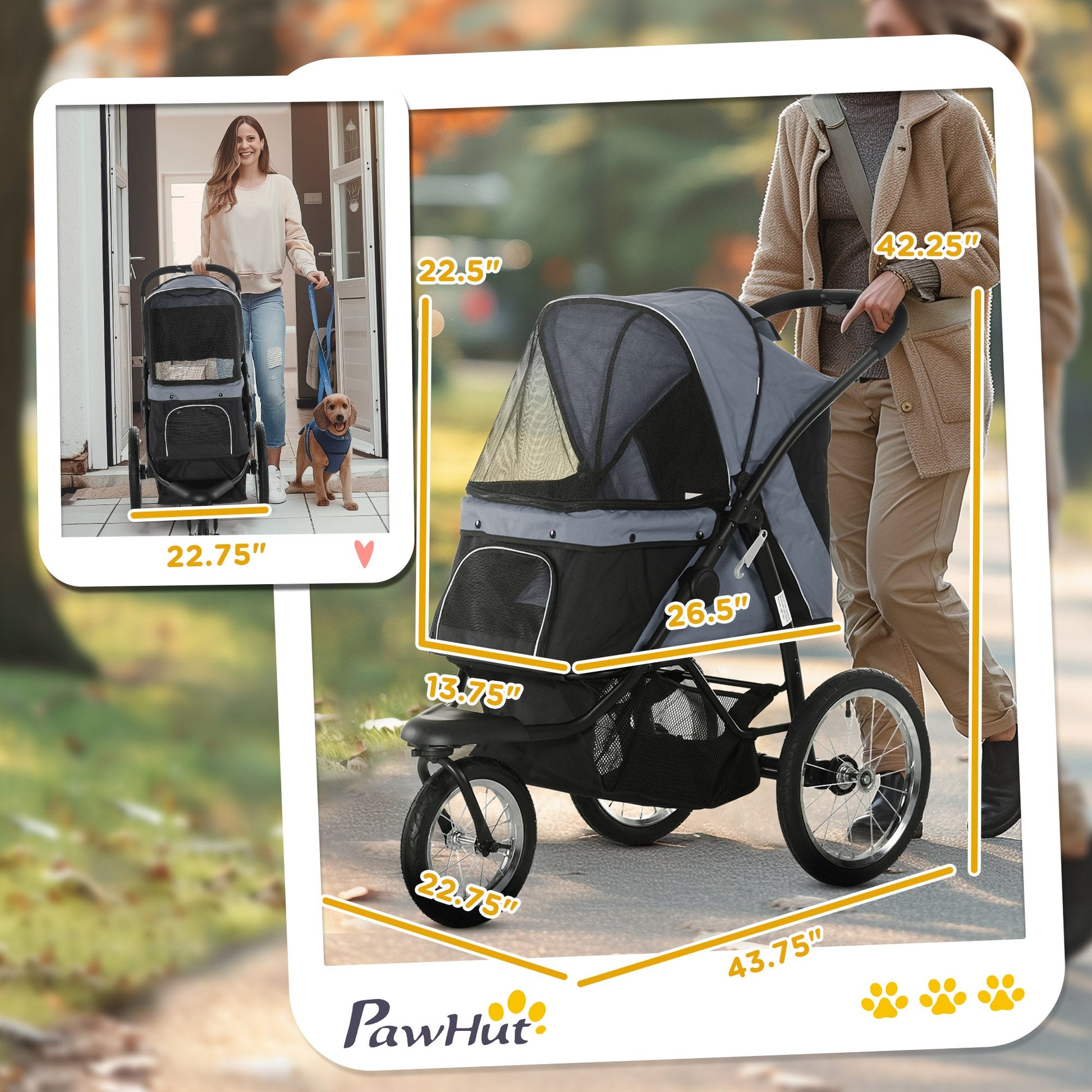 KFX-1644861 Gray 3-Wheel Pet Stroller for Small to Medium Dogs with Adjustable Canopy and Storage Basket