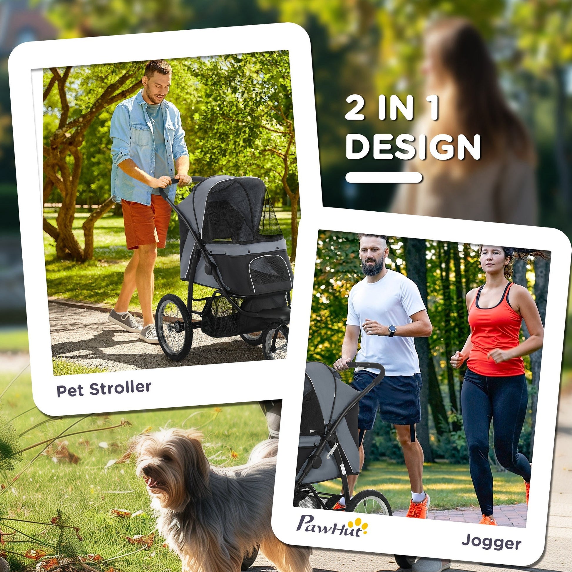 KFX-1644861 Gray 3-Wheel Pet Stroller for Small to Medium Dogs with Adjustable Canopy and Storage Basket