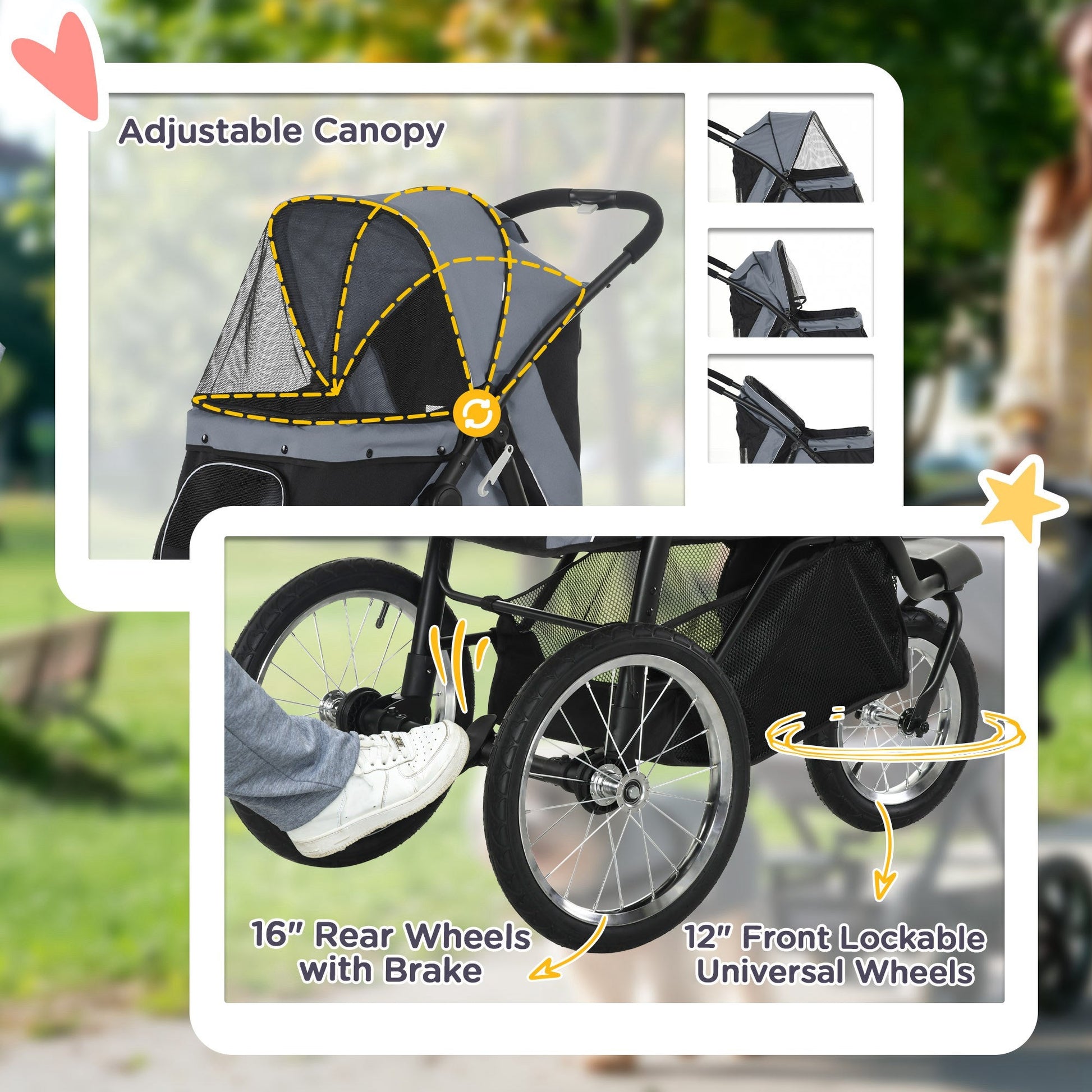 KFX-1644861 Gray 3-Wheel Pet Stroller for Small to Medium Dogs with Adjustable Canopy and Storage Basket
