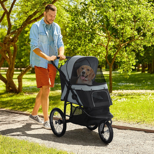 KFX-1644861 Gray 3-Wheel Pet Stroller for Small to Medium Dogs with Adjustable Canopy and Storage Basket