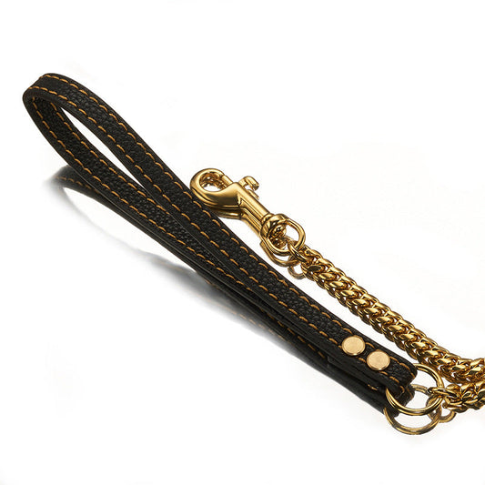 KFX-1648957 Stainless Steel Cuban Link Chain Dog Leash with Black Leather Handle, 60cm & 100cm Length Options