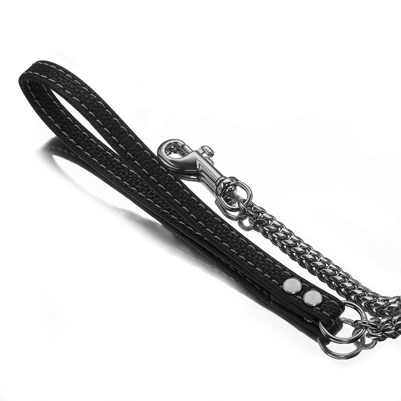 KFX-1648957 Stainless Steel Cuban Link Chain Dog Leash with Black Leather Handle, 60cm & 100cm Length Options