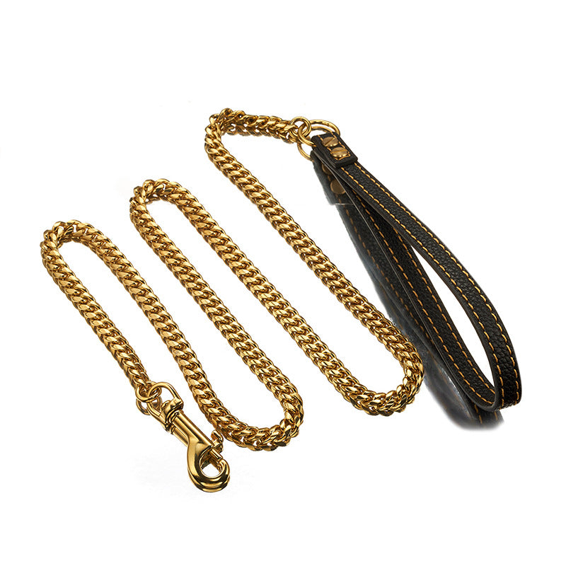 KFX-1648957 Stainless Steel Cuban Link Chain Dog Leash with Black Leather Handle, 60cm & 100cm Length Options