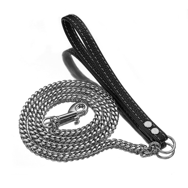 KFX-1648957 Stainless Steel Cuban Link Chain Dog Leash with Black Leather Handle, 60cm & 100cm Length Options