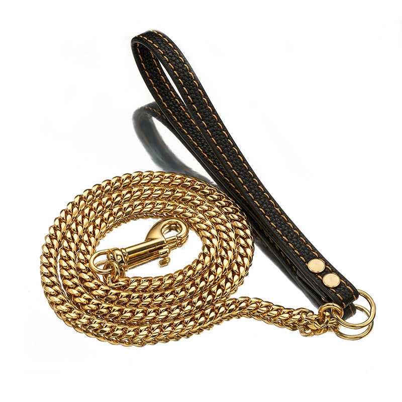 KFX-1648957 Stainless Steel Cuban Link Chain Dog Leash with Black Leather Handle, 60cm & 100cm Length Options
