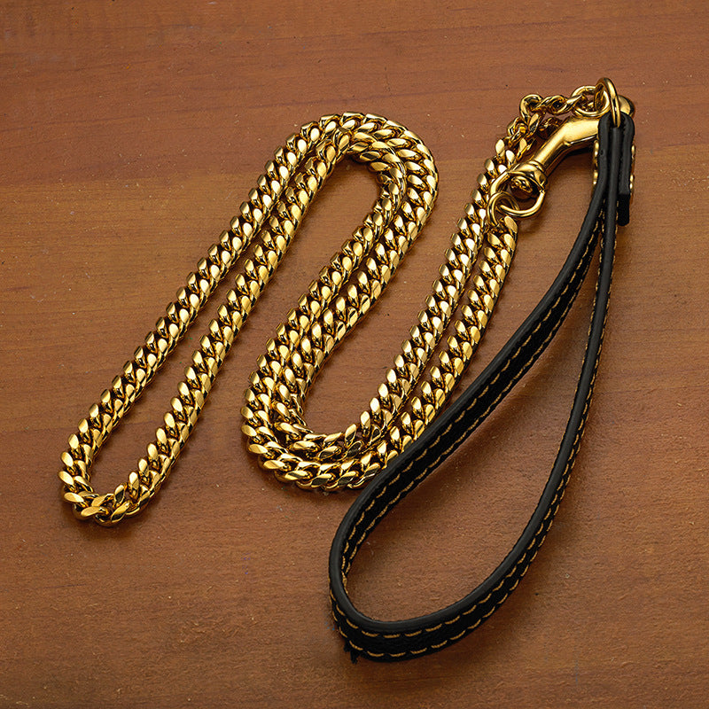 KFX-1648957 Stainless Steel Cuban Link Chain Dog Leash with Black Leather Handle, 60cm & 100cm Length Options