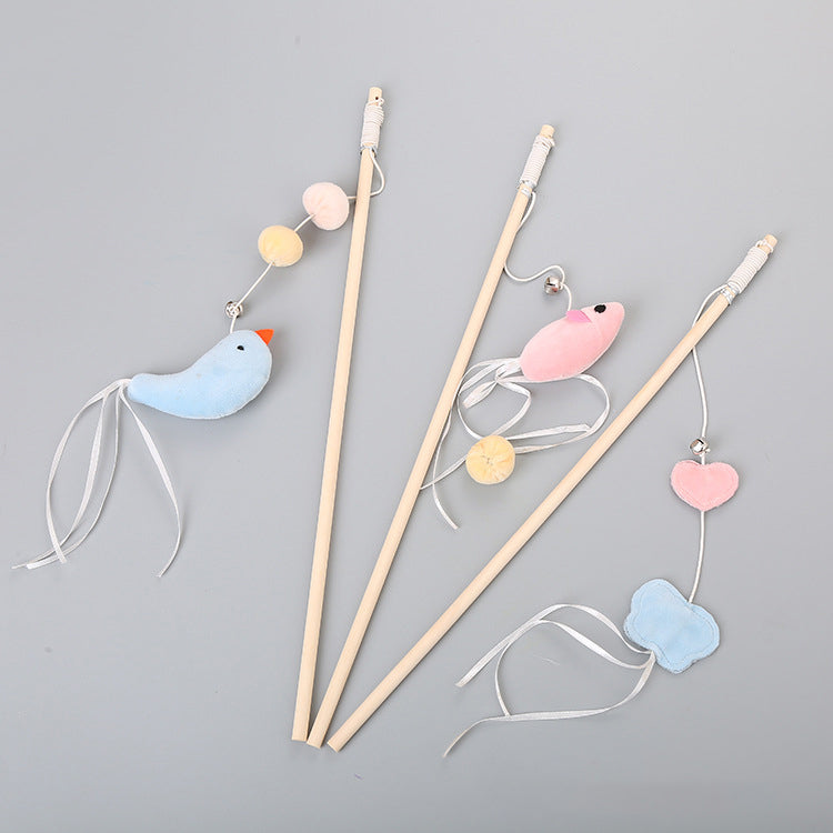KFX-1652413 Funny Cat Stick with Flexible Elastic Rope and Bird Bell - Lightweight Wooden Toy for Playtime Fun