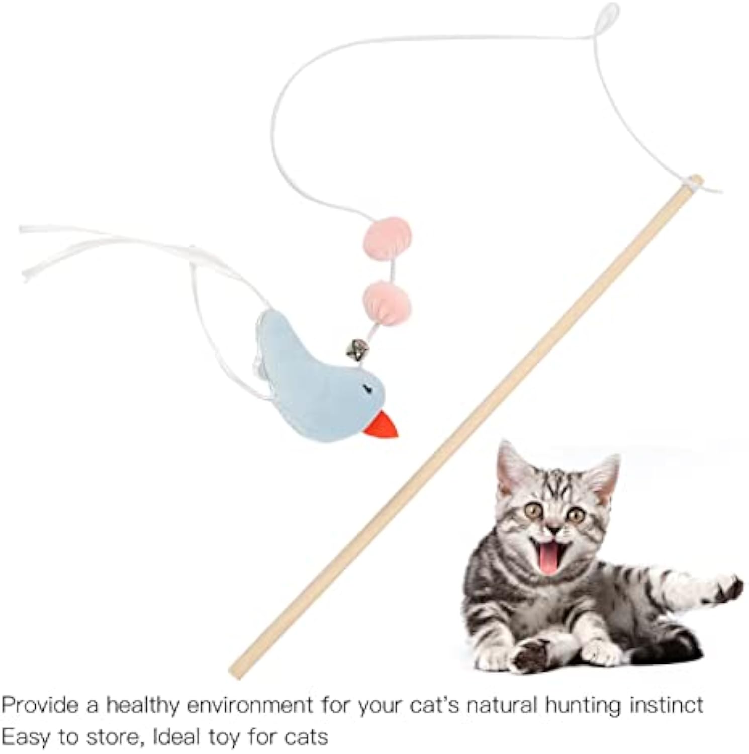 KFX-1652413 Funny Cat Stick with Flexible Elastic Rope and Bird Bell - Lightweight Wooden Toy for Playtime Fun