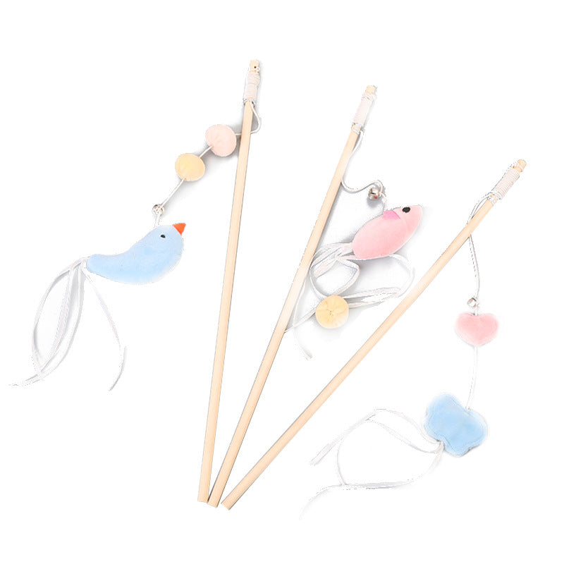 KFX-1652413 Funny Cat Stick with Flexible Elastic Rope and Bird Bell - Lightweight Wooden Toy for Playtime Fun