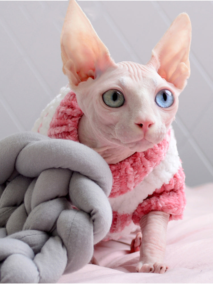 KFX-1652925 Warm Cotton Sweater for Hairless Cats in Navy, Pink, and Blue Stripes