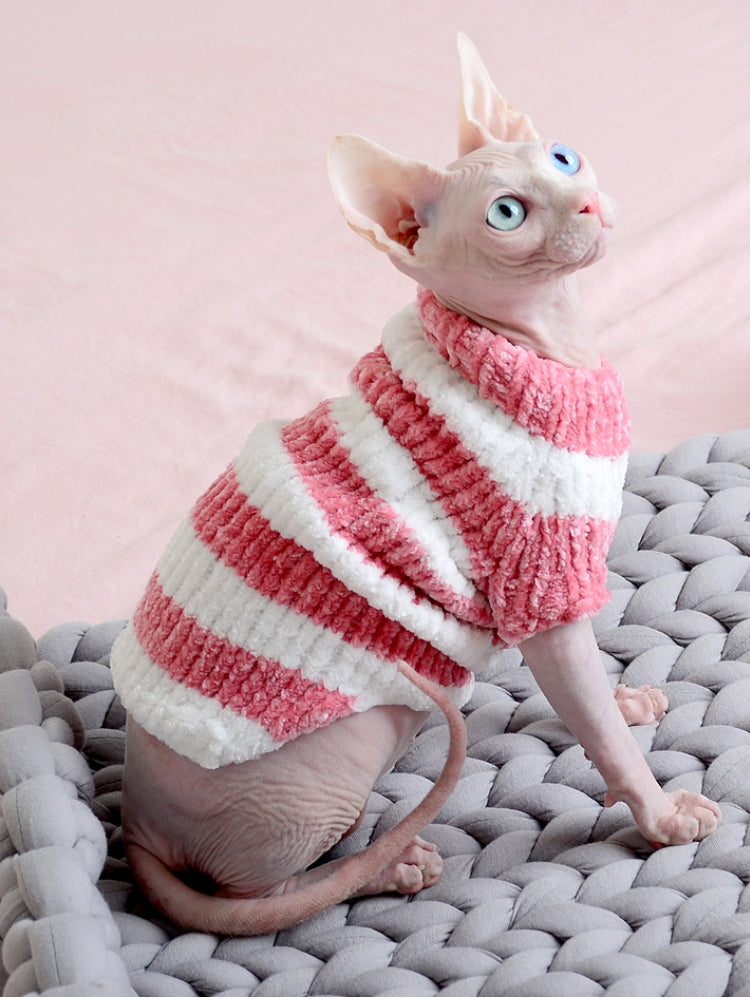 KFX-1652925 Warm Cotton Sweater for Hairless Cats in Navy, Pink, and Blue Stripes