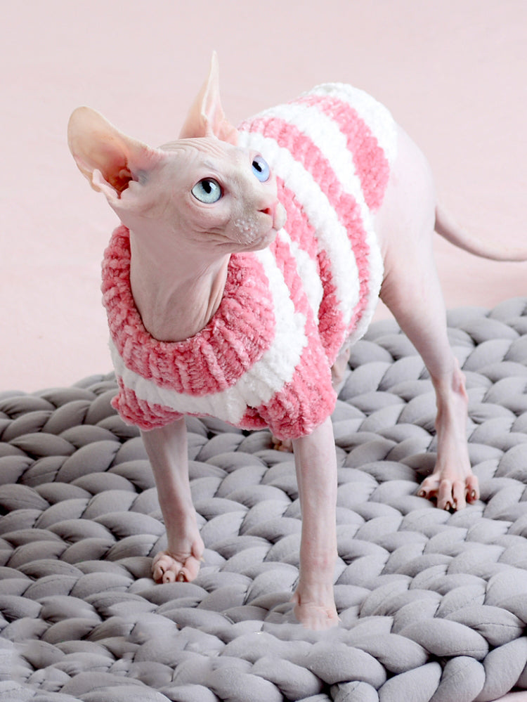 KFX-1652925 Warm Cotton Sweater for Hairless Cats in Navy, Pink, and Blue Stripes