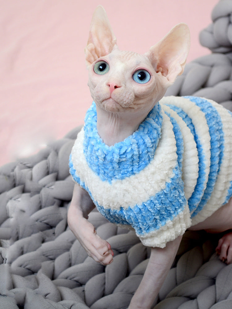 KFX-1652925 Warm Cotton Sweater for Hairless Cats in Navy, Pink, and Blue Stripes