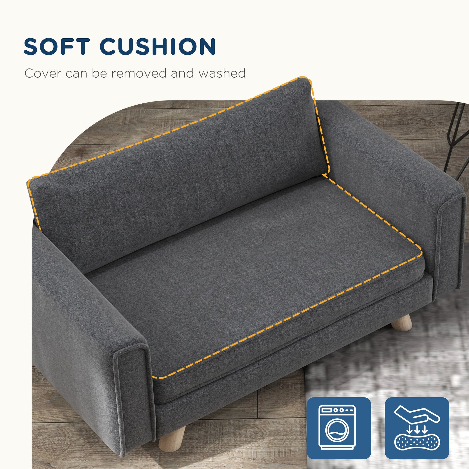 KFX-1653565 Cozy Raised Dog Sofa with Removable Cushion and Stable Wood Legs