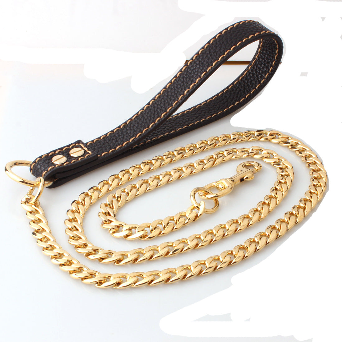 KFX-1654717 Gold Stainless Steel Full Welded NK Chain Leather Traction Leash - Brown & Black Options Available