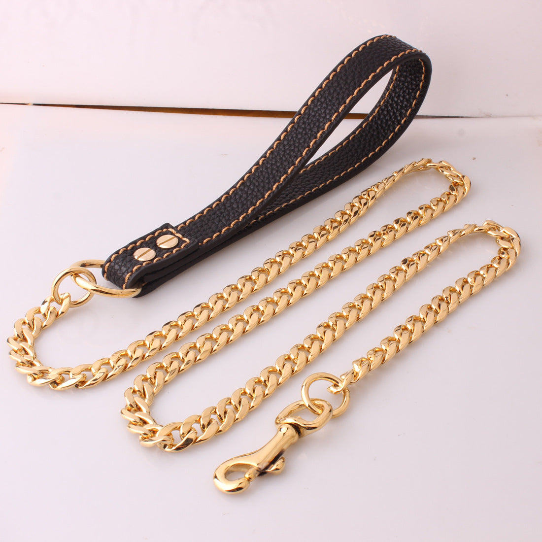 KFX-1654717 Gold Stainless Steel Full Welded NK Chain Leather Traction Leash - Brown & Black Options Available