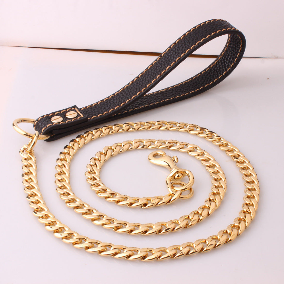 KFX-1654717 Gold Stainless Steel Full Welded NK Chain Leather Traction Leash - Brown & Black Options Available
