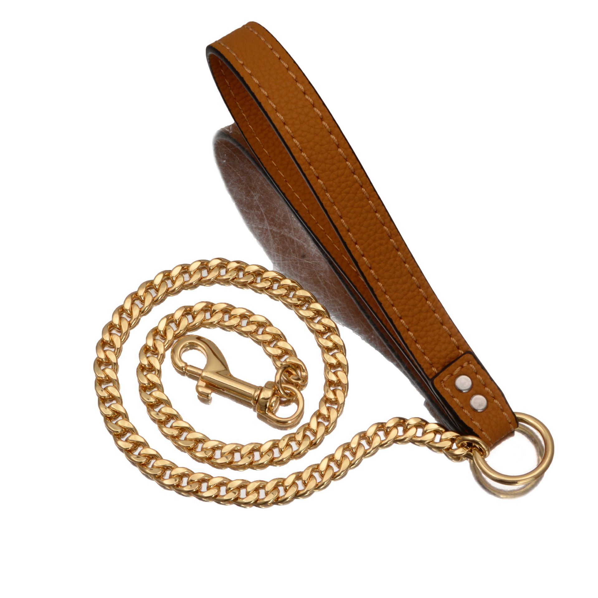 KFX-1654717 Gold Stainless Steel Full Welded NK Chain Leather Traction Leash - Brown & Black Options Available